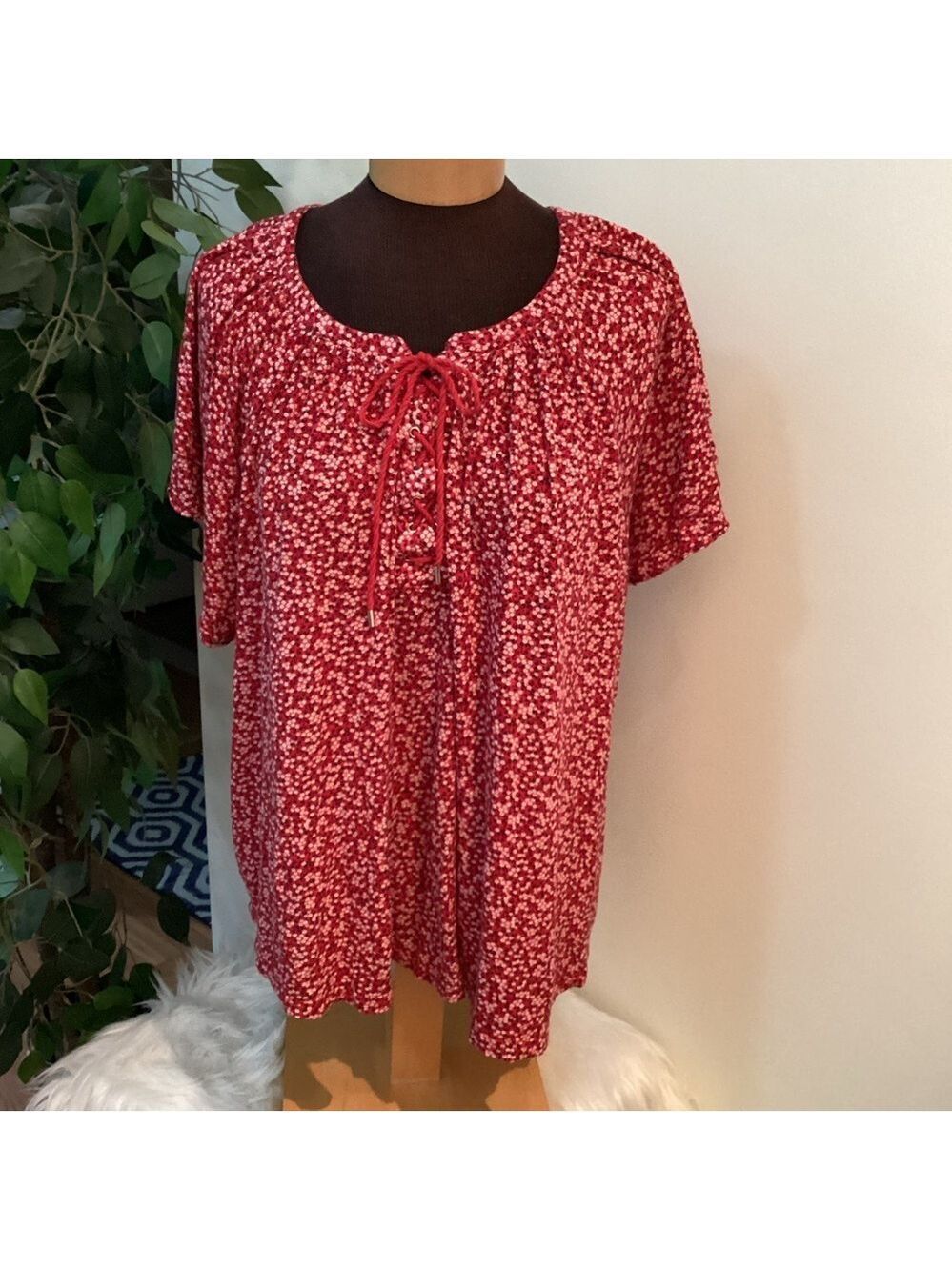 Chaps layered short sleeve floral lace up tie front Woman’s size 3X